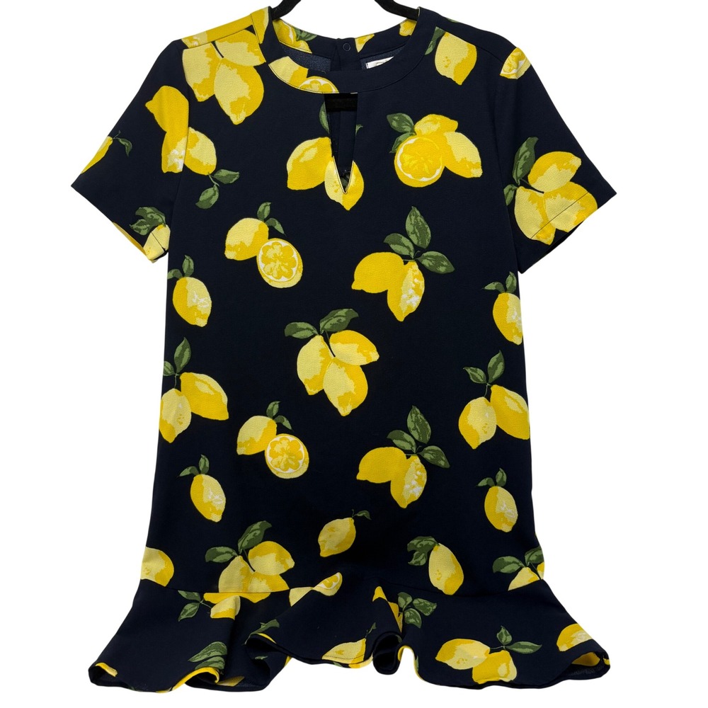 Mud Pie Navy Blue Lemon Print Ruffle Hem Shift Dress Small Short Sleeve Keyhole